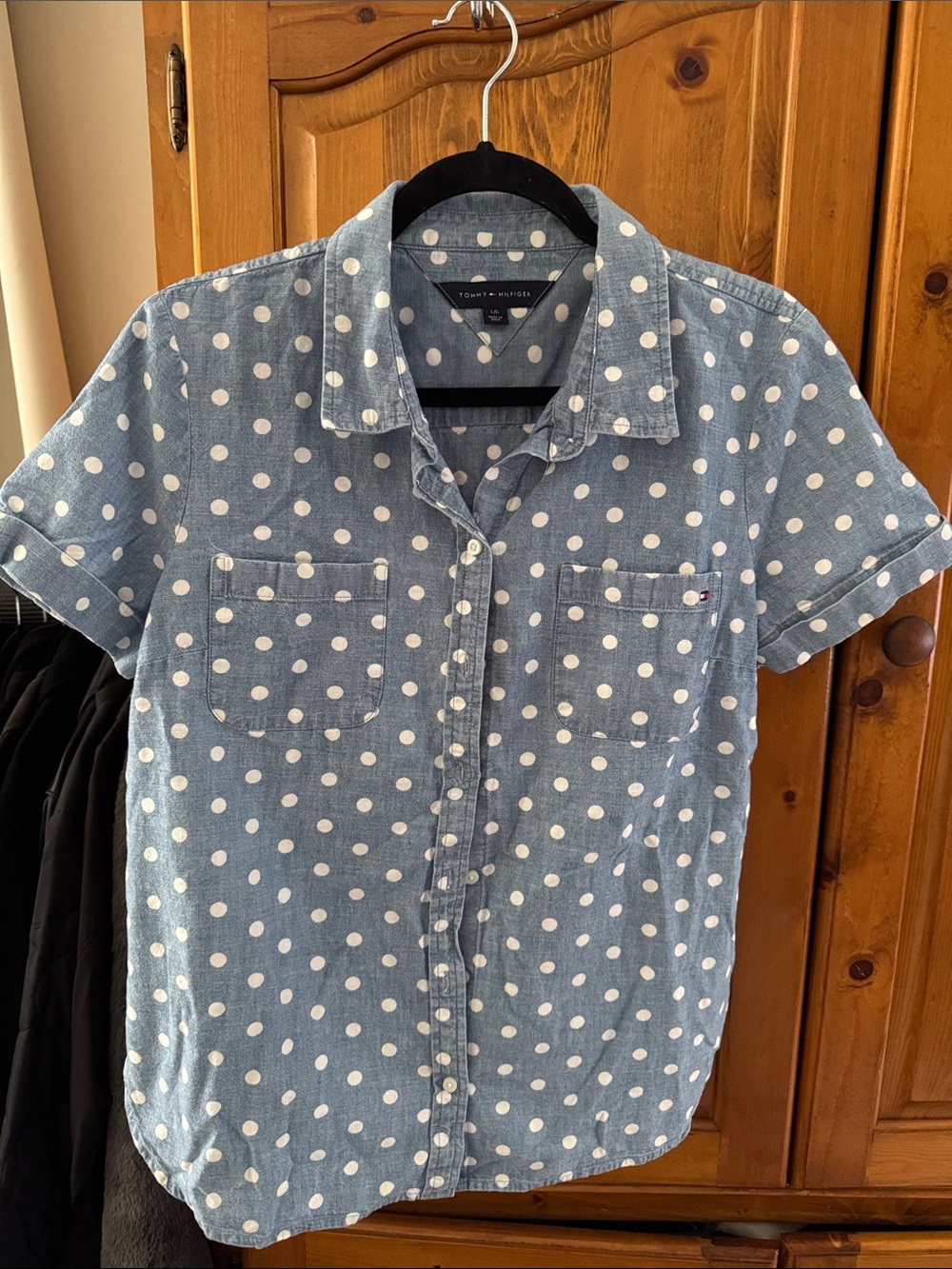 Tommy Hilfiger Light Blue Polka Dot Short Sleeve Button-Down Shirt - 100% cotton